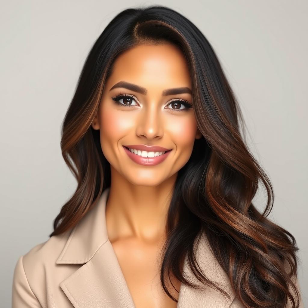 A portrait of an attractive woman aged 30 to 45 years, representing popular American preferences with a mix of diverse ethnicities including Caucasian, Hispanic, Asian, and African American