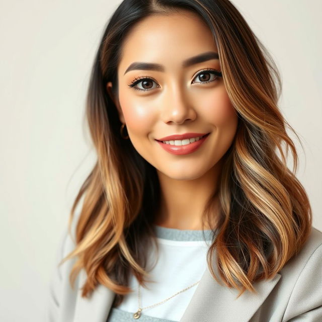 A portrait of an attractive woman aged 30 to 45 years, representing popular American preferences with a mix of diverse ethnicities including Caucasian, Hispanic, Asian, and African American