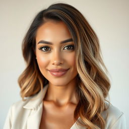 A portrait of an attractive woman aged 30 to 45 years, representing popular American preferences with a mix of diverse ethnicities including Caucasian, Hispanic, Asian, and African American