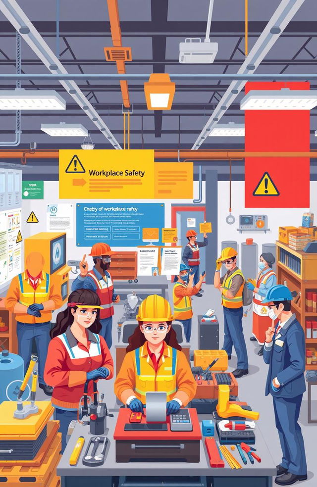 A vibrant and informative illustration focusing on workplace safety, featuring diverse workers in a well-organized industrial environment