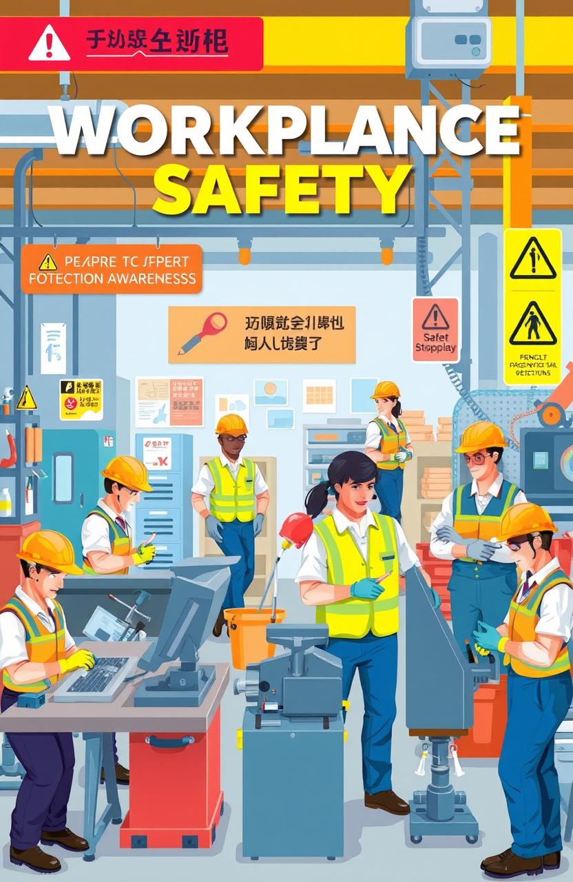 A vibrant and informative illustration focusing on workplace safety, featuring diverse workers in a well-organized industrial environment