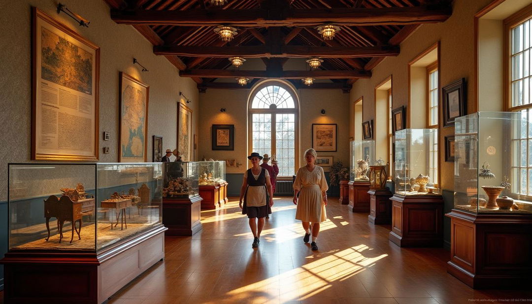 A colonial museum showcasing artifacts from the colonial era, featuring an elegant and historically accurate interior