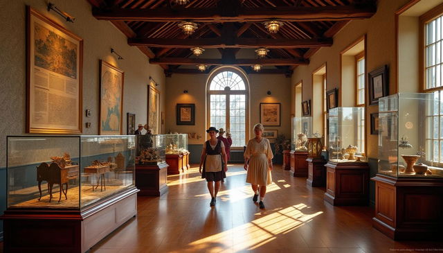 A colonial museum showcasing artifacts from the colonial era, featuring an elegant and historically accurate interior