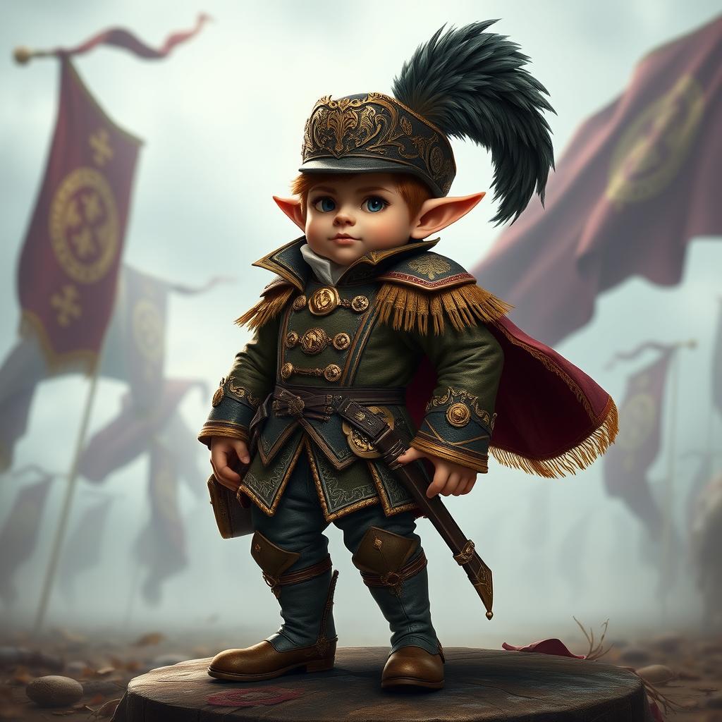 A fantasy halfling character dressed in elegant aristocratic military attire, showcasing intricate details such as gold embroidery and fine craftsmanship