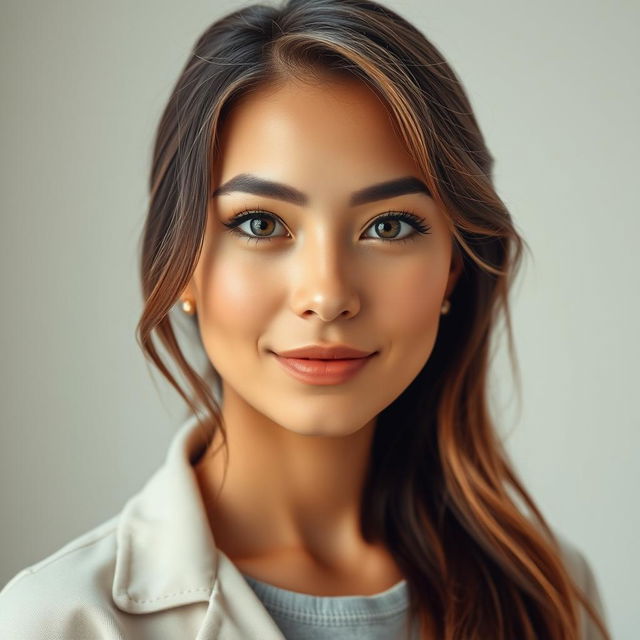 A full-height portrait of an attractive woman aged 30 to 45 years, reflecting popular American preferences with diverse ethnicities such as Caucasian, Hispanic, Asian, and African American