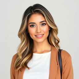 A full-height portrait of an attractive woman aged 30 to 45 years, reflecting popular American preferences with diverse ethnicities such as Caucasian, Hispanic, Asian, and African American