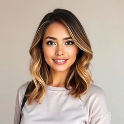A full-height portrait of an attractive woman aged 30 to 45 years, reflecting popular American preferences with diverse ethnicities such as Caucasian, Hispanic, Asian, and African American