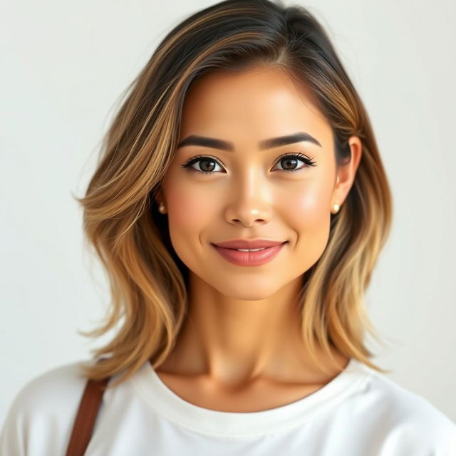 A full-height portrait of an attractive woman aged 30 to 45 years, representing popular American preferences with diverse ethnicities such as Caucasian, Hispanic, Asian, and African American