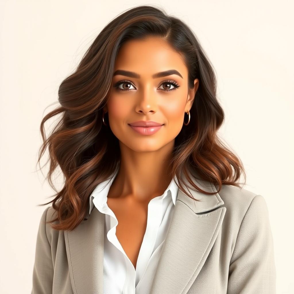 A full-height portrait of an attractive woman aged 30 to 45 years, representing popular American preferences with diverse ethnicities such as Caucasian, Hispanic, Asian, and African American