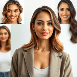 A full-height portrait of an attractive woman aged 30 to 45 years, representing popular American preferences with diverse ethnicities such as Caucasian, Hispanic, Asian, and African American