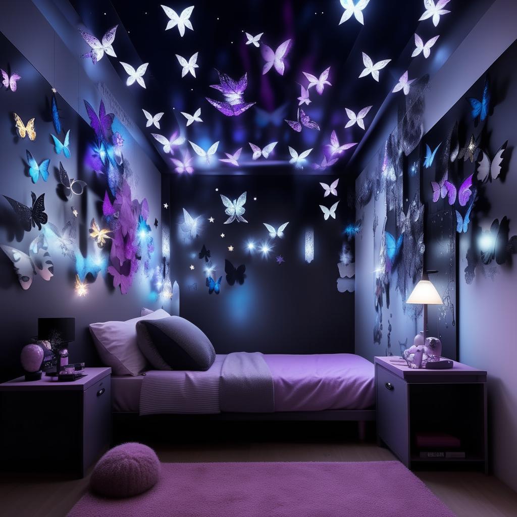 Design a room for an 18-year-old girl with tomboy and girly interests, featuring black, blue, purple, grey, and white mood lighting. Incorporate moon, star, and butterfly elements alongside a Sanatan theme, anime, and K-drama influences. Finish with a butterfly mirror wall decor.