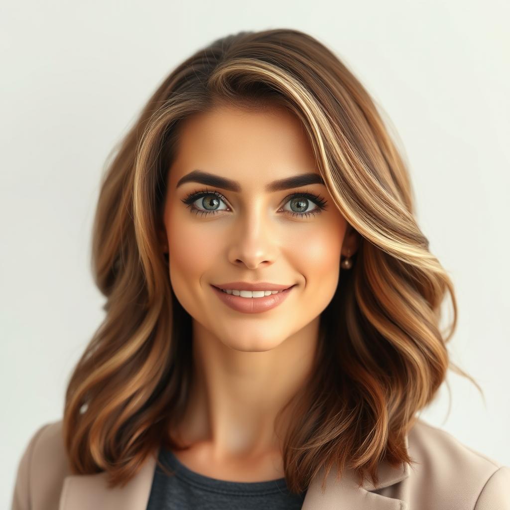 A full-height portrait of an attractive woman aged 30 to 45 years, embodying popular American preferences with diverse ethnic backgrounds such as Caucasian, Hispanic, Asian, and African American