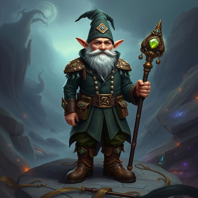 A fantasy gnome mage clad in intricate army attire, blending elements of a traditional soldier's uniform with magical flair