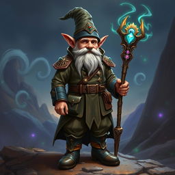 A fantasy gnome mage clad in intricate army attire, blending elements of a traditional soldier's uniform with magical flair