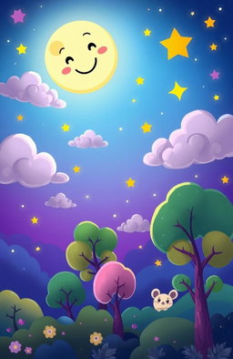 A colorful night sky filled with whimsical cartoon graphics, featuring playful clouds and twinkling stars