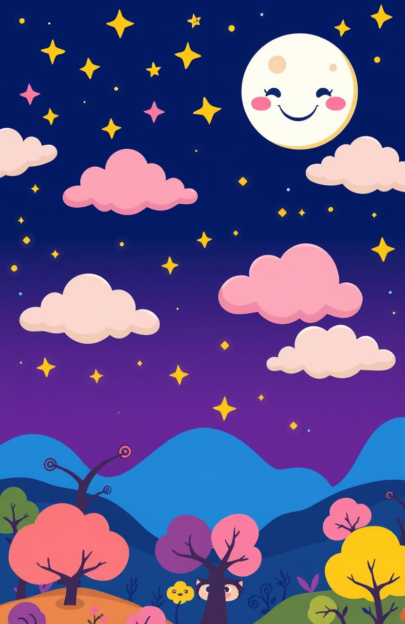 A colorful night sky filled with whimsical cartoon graphics, featuring playful clouds and twinkling stars