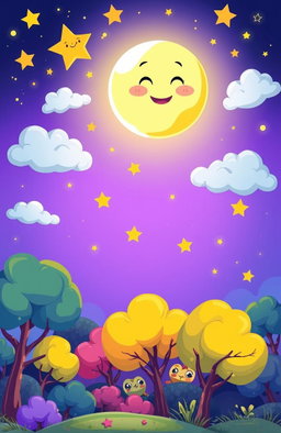 A colorful night sky filled with whimsical cartoon graphics, featuring playful clouds and twinkling stars