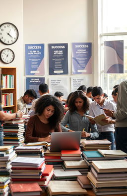 A scene depicting a diverse group of adults diligently studying and preparing for government job exams in a modern library setting