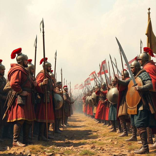 A dramatic scene depicting Ottoman soldiers in traditional military attire, equipped with ornate weapons and wearing fezzes, standing resolutely on one side