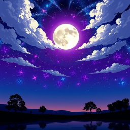 A stunning night sky illustrated in anime style, featuring a vast expanse of deep blue and purple hues dotted with vibrant stars
