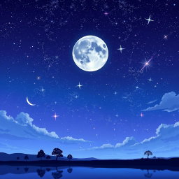 A stunning night sky illustrated in anime style, featuring a vast expanse of deep blue and purple hues dotted with vibrant stars