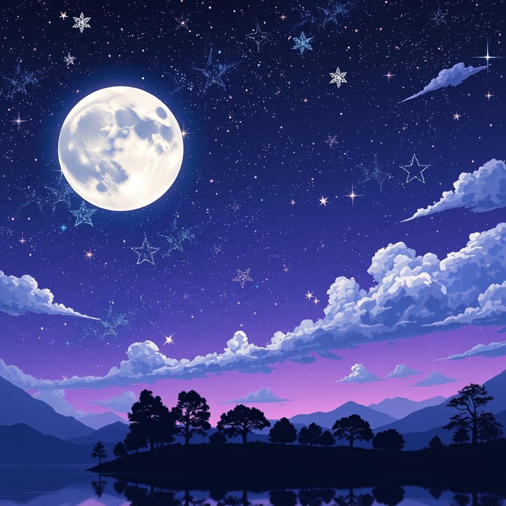 A stunning night sky illustrated in anime style, featuring a vast expanse of deep blue and purple hues dotted with vibrant stars