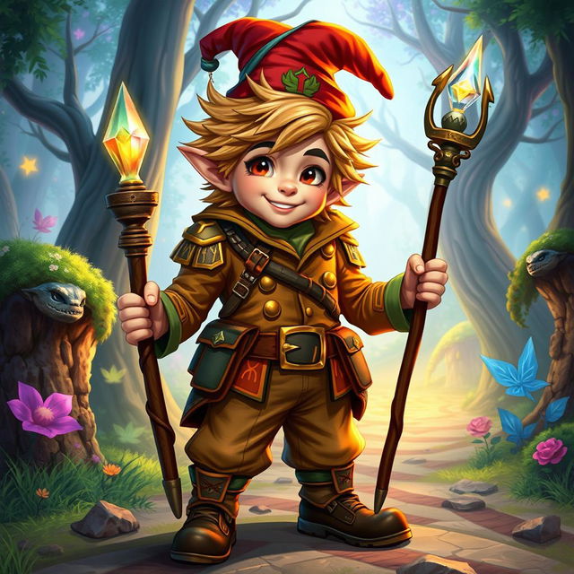 A fantasy young gnome mage dressed in vibrant army clothes, embodying both youthful energy and magical prowess