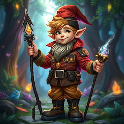 A fantasy young gnome mage dressed in vibrant army clothes, embodying both youthful energy and magical prowess