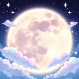 A beautifully illustrated moon with anime visuality, featuring a large, luminous moon that has an intricate surface texture and sparkling details
