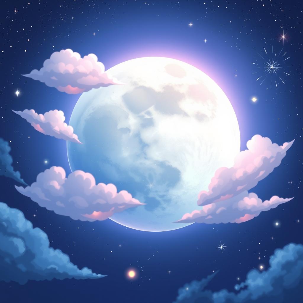 A beautifully illustrated moon with anime visuality, featuring a large, luminous moon that has an intricate surface texture and sparkling details