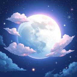 A beautifully illustrated moon with anime visuality, featuring a large, luminous moon that has an intricate surface texture and sparkling details