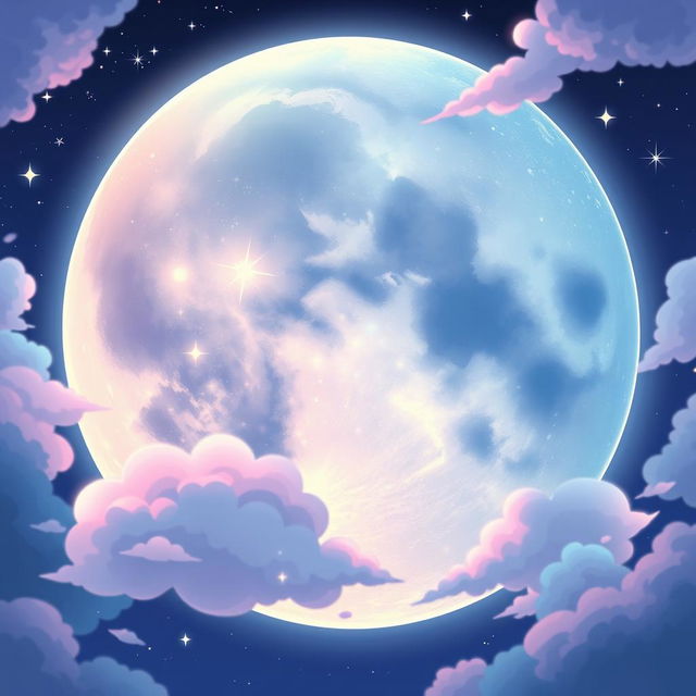 A beautifully illustrated moon with anime visuality, featuring a large, luminous moon that has an intricate surface texture and sparkling details