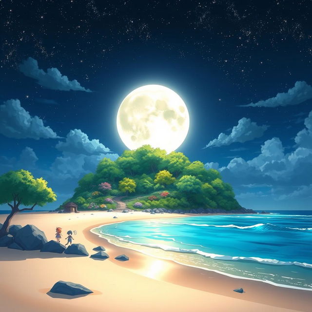 A beautifully crafted scene featuring a luminous moon hovering over a tranquil island, illustrated in anime visuality