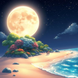 A beautifully crafted scene featuring a luminous moon hovering over a tranquil island, illustrated in anime visuality