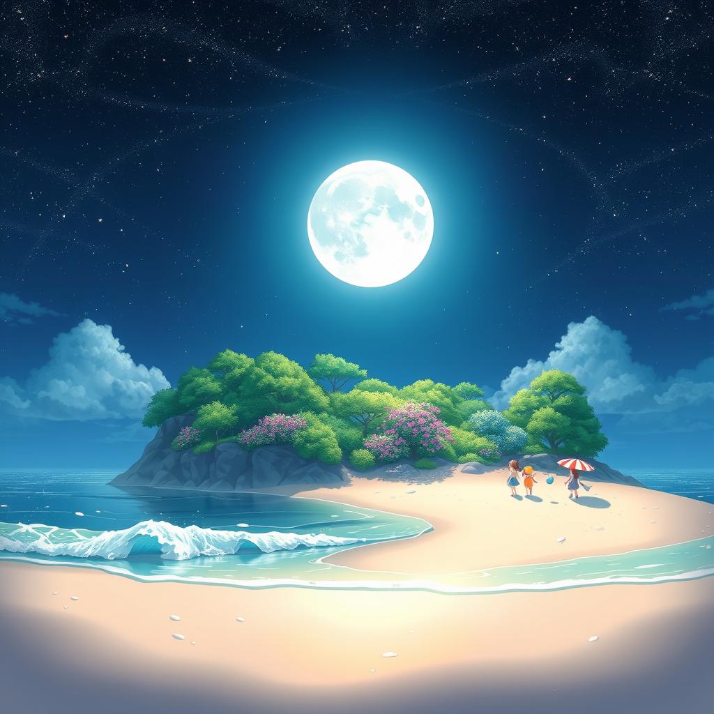 A beautifully crafted scene featuring a luminous moon hovering over a tranquil island, illustrated in anime visuality