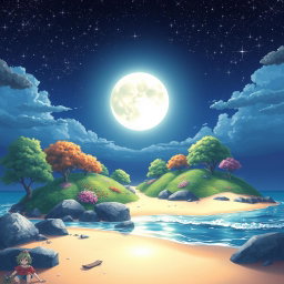 A beautifully crafted scene featuring a luminous moon hovering over a tranquil island, illustrated in anime visuality