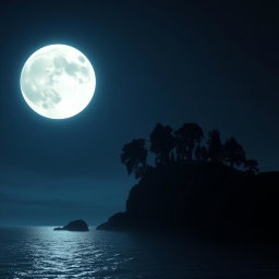 A captivating scene featuring a large, luminous moon casting its silvery light over a dark island silhouette