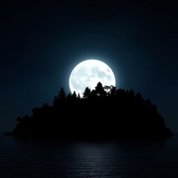 A captivating scene featuring a large, luminous moon casting its silvery light over a dark island silhouette