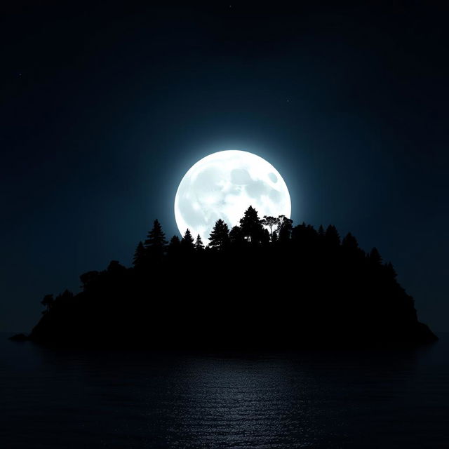 A captivating scene featuring a large, luminous moon casting its silvery light over a dark island silhouette