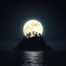 A captivating scene featuring a large, luminous moon casting its silvery light over a dark island silhouette