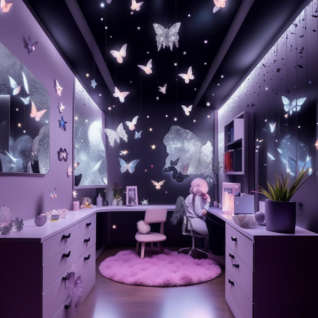 Design a room for an 18-year-old girl with tomboy and girly interests, featuring black, blue, purple, grey, and white mood lighting. Incorporate moon, star, and butterfly elements alongside a Sanatan theme, anime, and K-drama influences. Finish with a butterfly mirror wall decor.