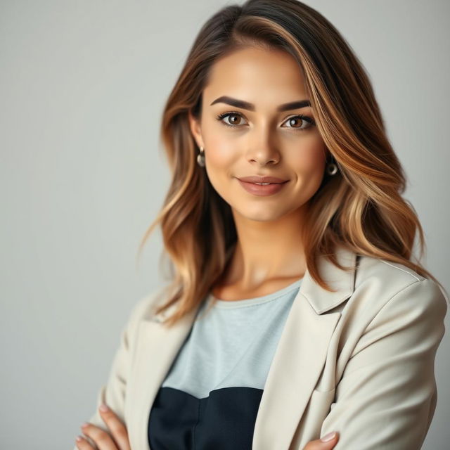 A full-height portrait of an attractive woman aged 30 to 45 years, representing popular American preferences with diverse ethnicities including Caucasian, Hispanic, Asian, and African American