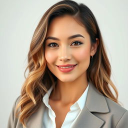A full-height portrait of an attractive woman aged 30 to 45 years, representing popular American preferences with diverse ethnicities including Caucasian, Hispanic, Asian, and African American