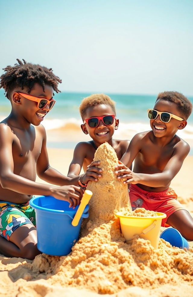 Three cheerful African American pre-teen boys enjoying a sunny day at the beach