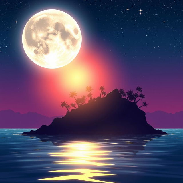 A stunning anime-style graphic featuring a dramatic silhouette of an island under a large, glowing moon