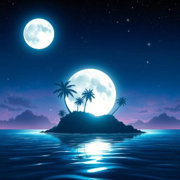 A stunning anime-style graphic featuring a dramatic silhouette of an island under a large, glowing moon