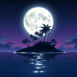 A stunning anime-style graphic featuring a dramatic silhouette of an island under a large, glowing moon