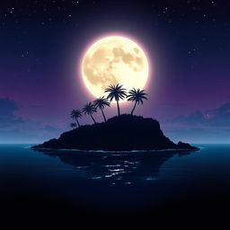 A stunning anime-style graphic featuring a dramatic silhouette of an island under a large, glowing moon