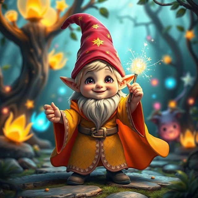 A fantasy young gnome mage, exuding a sense of wonder and magical energy