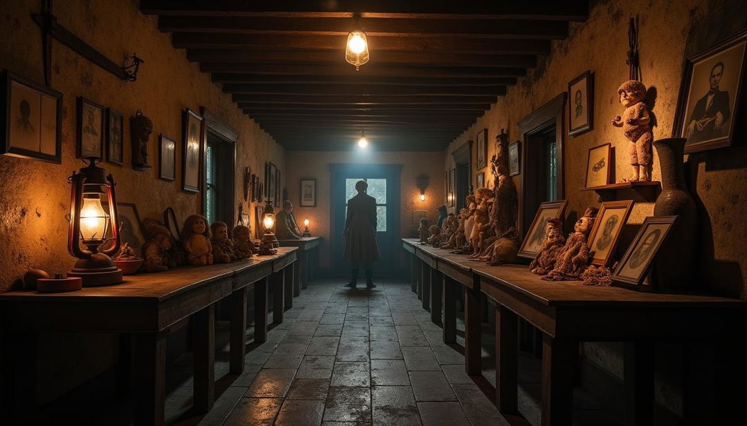 A creepy colonial museum set in a dimly lit space filled with unsettling artifacts from the past